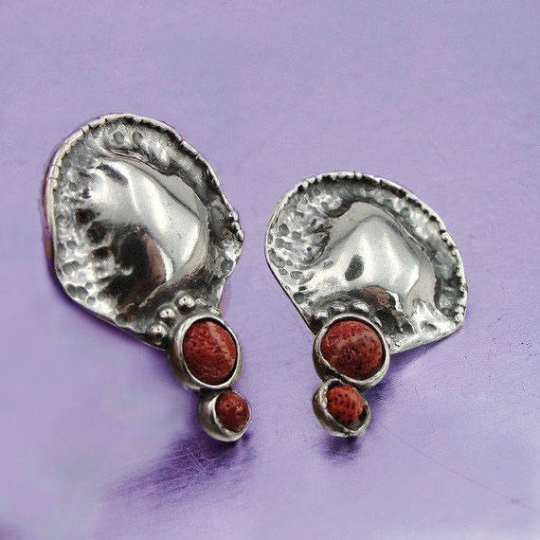 Solid Silver and Natural Red Coral 3cm earrings