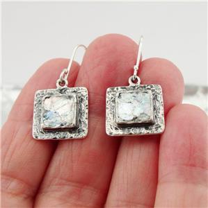 Hadar Designers Handmade Square 925 Silver Antique Roman Glass Earrings (as) Y