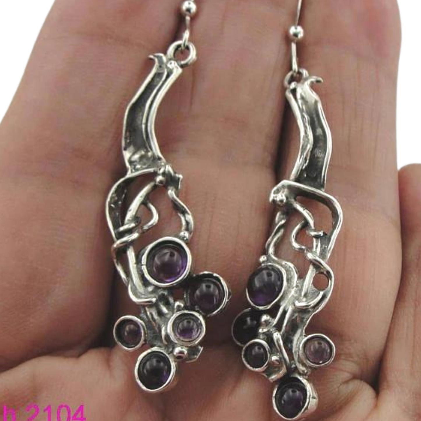 925 Silver Garnet Earrings, Hadar NEW Israel Long Sterling Silver Amethyst Earrings, Long Silver Earrings, Amethyst Earrings, (H 2103)