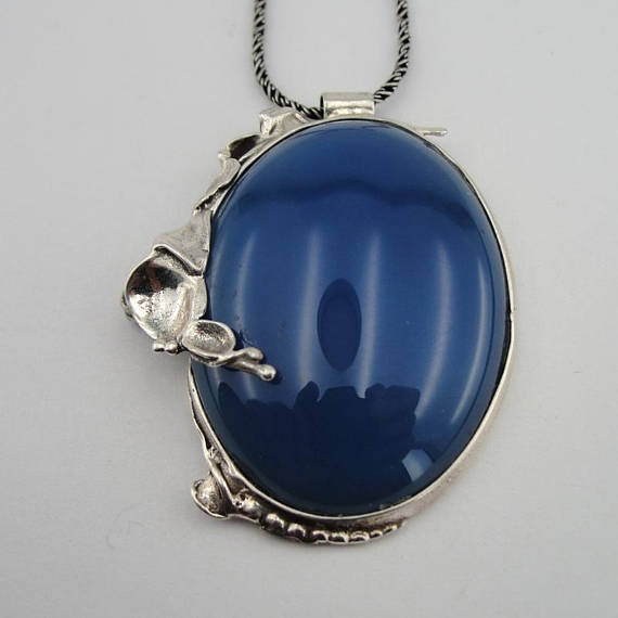 Blue Agate Pendant Handmade Large 925 Sterling Silver