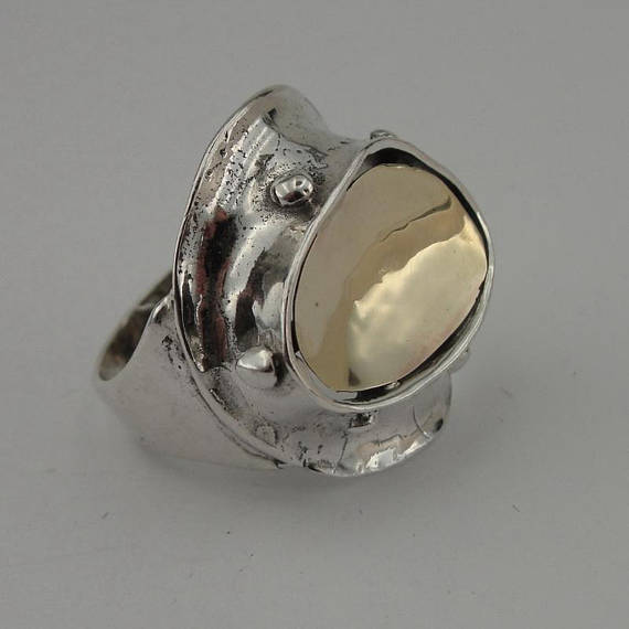 Hadar Jewelry Israel Art 925 Sterling Silver Yellow Gold 9k Ring size 8, Handmade, Gift, Birthday (h 157g)
