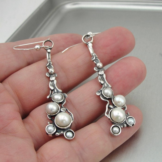 Hadar Jewelry Handmade Artistic Long Sterling Silver Pearl Earrings
