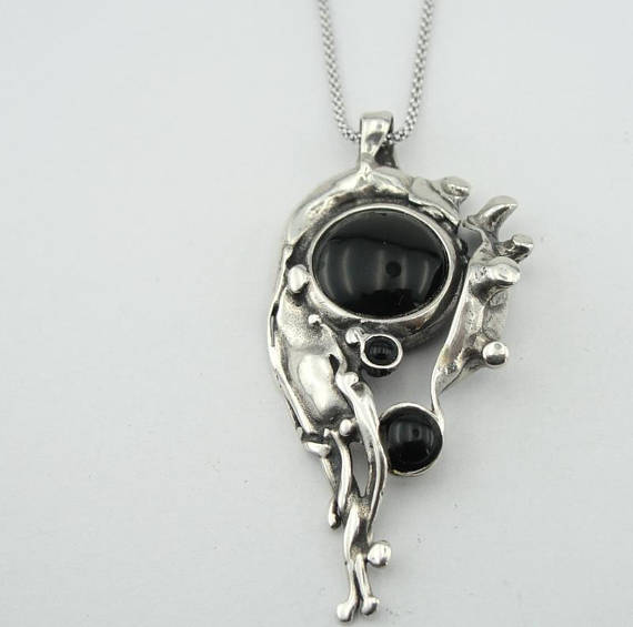 New 925 Silver Onyx Pendant, Israel Handmade Fabulous Sterling Silver Onyx Pendant, Onyx Necklace, Free Shipping, Black stone Pendant (439Do