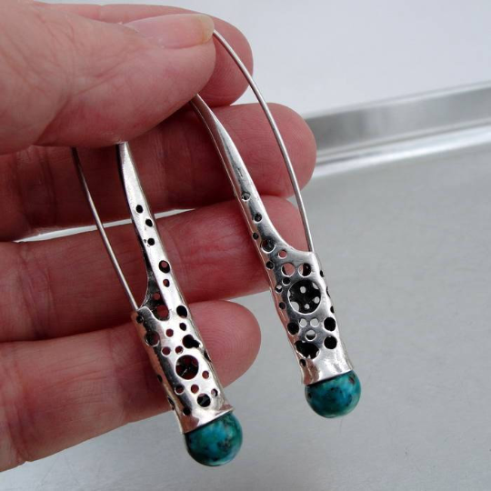 Long 925 Sterling with Silver Turquoise Earrings (H)