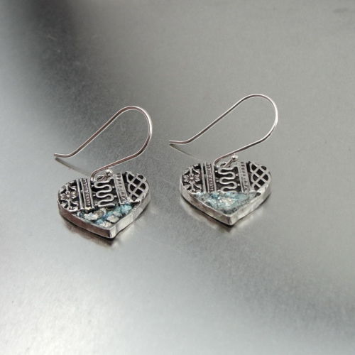 Hadar Designers Heart Sterling Silver Roman Glass Earrings Handmade Filigree