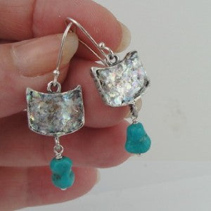 Sterling Silver Earrings with Roman Glass Turquoise Earrings
