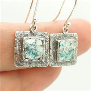 Hadar Designers Handmade Square 925 Silver Antique Roman Glass Earrings (as) Y