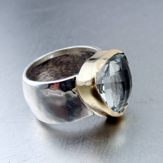 Green Amethyst Solid silver and 9k Gold Ring, Genuine triangle Natural Green Amethyst, chunky ring, wide sterling silver bang, Fine Jewelry, Israeli jewelry, Israeli design, Amethyst ring, silver and gold ring, wide ring, men ring, women ring, unisex