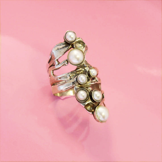 Hadar Jewelry Flower bloom ring, Sterling Silver 925 with pearls