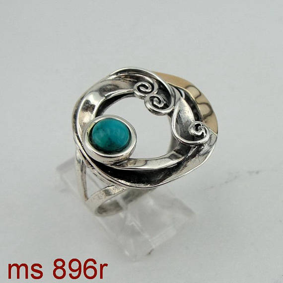 Fine green turquois Ring, 925 Silver 9K Yellow Gold Ring, turquoie ring, green stone ring. Free Shipping, Israeli Jewelry, Gift (ms 896r