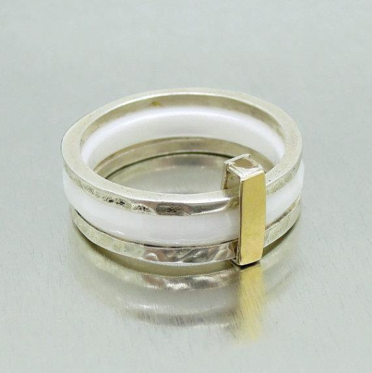 9k Yellow Gold 925 Silver Black Ceramic Ring