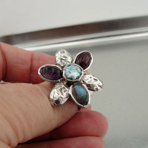 Hadar Designer Handmade Floral 925 Silver Garnet Amethyst Ring