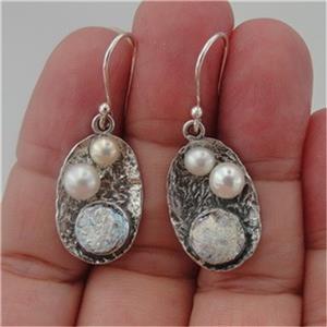 Hadar Designers Handmade Sterling Silver White Pearl Roman Glass Earrings (as)