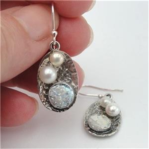 Hadar Designers Handmade Sterling Silver White Pearl Roman Glass Earrings (as)