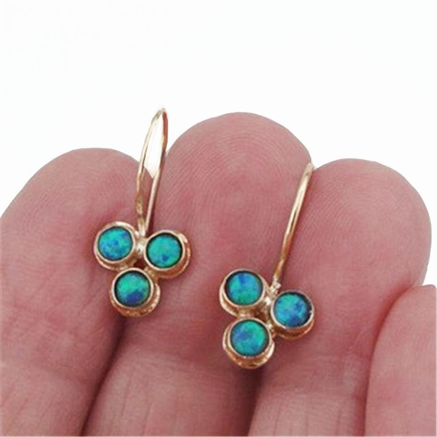 Solid Yellow Gold Dangle earrings decorated with 3 blue Mosaic Opal, flower aesthetic ring.