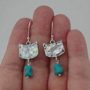 Sterling Silver Earrings with Roman Glass Turquoise Earrings