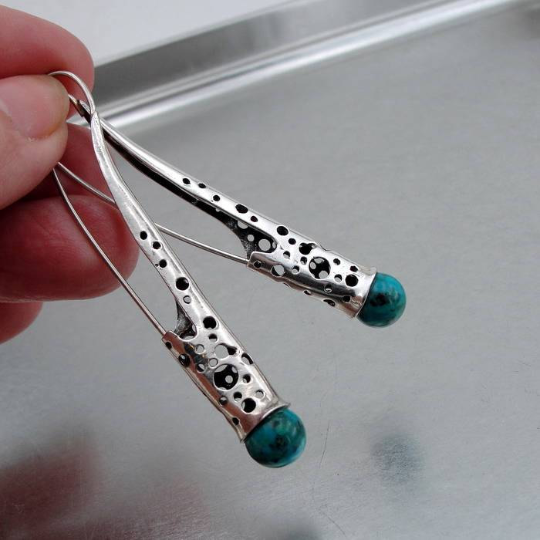 Long 925 Sterling with Silver Turquoise Earrings (H)