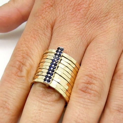 Hadar Designers Handmade 9k Gold 925 Silver Sapphire Multi Ring Chunky Rings Made in Israel