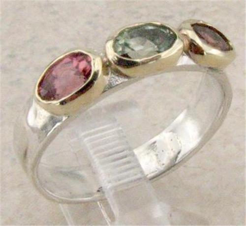 Hadar Designers Handmade 925 Silver 9k Gold Pink Tourmaline Statement Ring Made in Israel