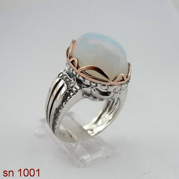 Israel Sterling Silver and gold 9K 925 Women Ring with Opalite Stones , Valentine gift (sn 1001)