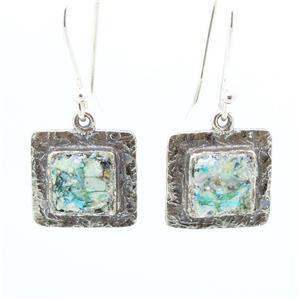 Hadar Designers Handmade Square 925 Silver Antique Roman Glass Earrings (as) Y