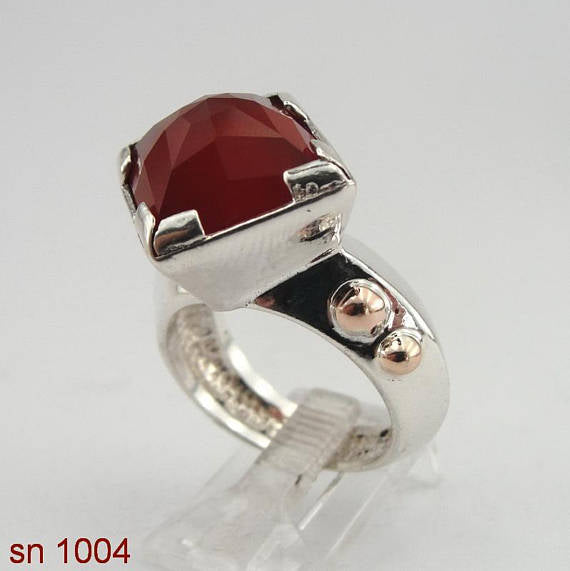 Israel handmade unique 925 Sterling Silver squer cornelian stone and Point 9k gold woman Ring size 8 (sn 1004)