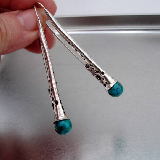 Long 925 Sterling with Silver Turquoise Earrings (H)