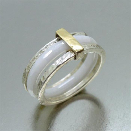 9k Yellow Gold 925 Silver Black Ceramic Ring