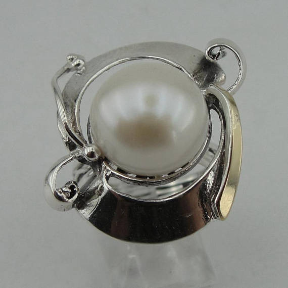 Great handcrafted Sterling Silverang gold 9K long Pearl ring,  ,gift (ms 345r)