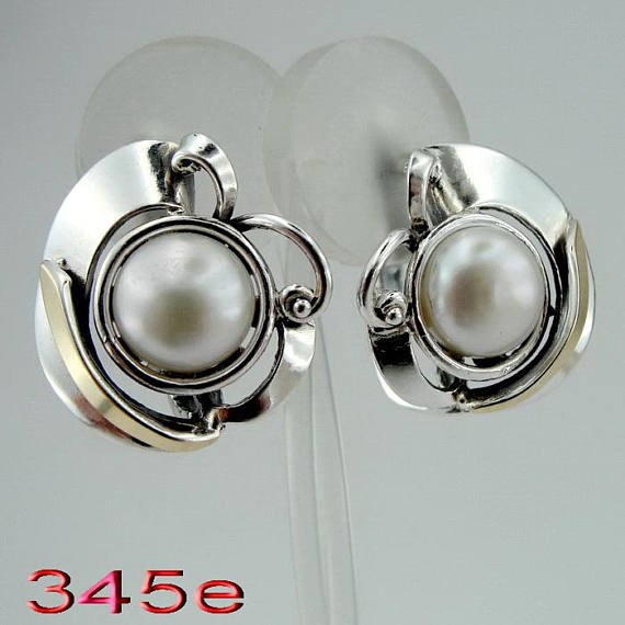 Great handcrafted Sterling Silverang gold 9K long Pearl Earrings, Pearl Earrings, Round Pearl Earrings, Wedding Earrings ,gift (ms 345e)