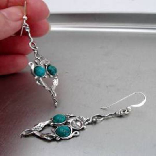 Hadar Designers Handmade Long Dangle 925 Sterling Silver Turquoise Earrings