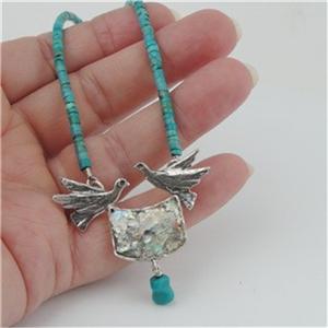 Hadar Designer Handmade Sterling Silver Roman Glass Turquoise Bird Necklace