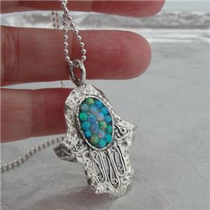 Hadar Jewelry Handmade 925 Sterling Silver Blue Opal Hamsa Pendant