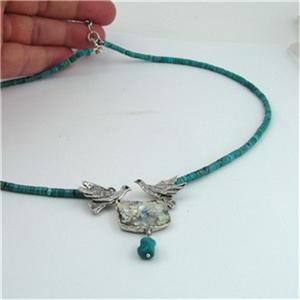 Hadar Designer Handmade Sterling Silver Roman Glass Turquoise Bird Necklace