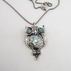 Hadar Designers Handmade Sterling Silver Roman Glass Opal Owl Pendant Gift for Her