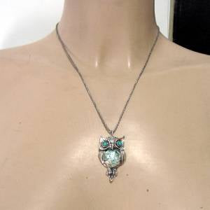 Hadar Designers Handmade Sterling Silver Roman Glass Opal Owl Pendant Gift for Her