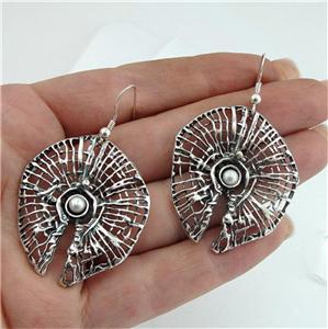 Hadar Designers Israel 925 Silver Net Pearl Earrings Handmade Drop Dangle