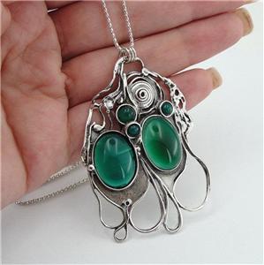 Hadar Designers Handmade Unique Art Huge Sterling Silver Green Agate Pendant