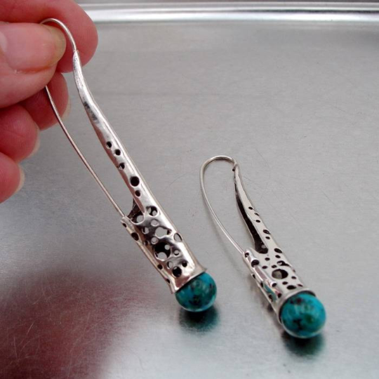 Long 925 Sterling with Silver Turquoise Earrings (H)