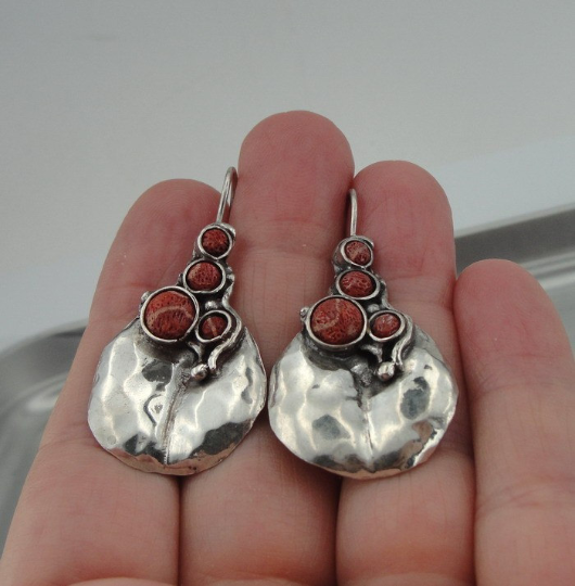 Hadar Jewelry Long Pomegranate Silver Earrings with Coral Gemstone