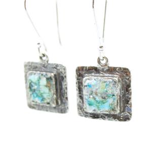 Hadar Designers Handmade Square 925 Silver Antique Roman Glass Earrings (as) Y