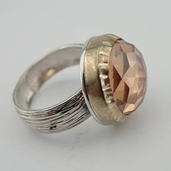 Champaign Ring Handmade 925 and 9K Gold Sterling Silver Round Champaign Ring Gift for Israeli Wife