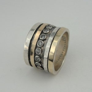 Hadar Designers Handmade 9k Yellow Gold 925 Silver CZ Swivel Ring (I r550