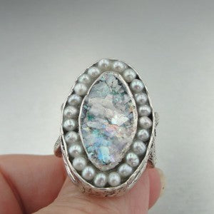 Hadar Designers Handmade Sterling Silver Pearl Roman Glass Ring Antique Israeli Jewelry