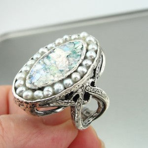 Hadar Designers Handmade Sterling Silver Pearl Roman Glass Ring Antique Israeli Jewelry