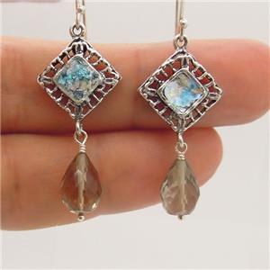 Hadar Designers Drop Dangle Sterling Silver Roman Glass Smokey Earrings (as