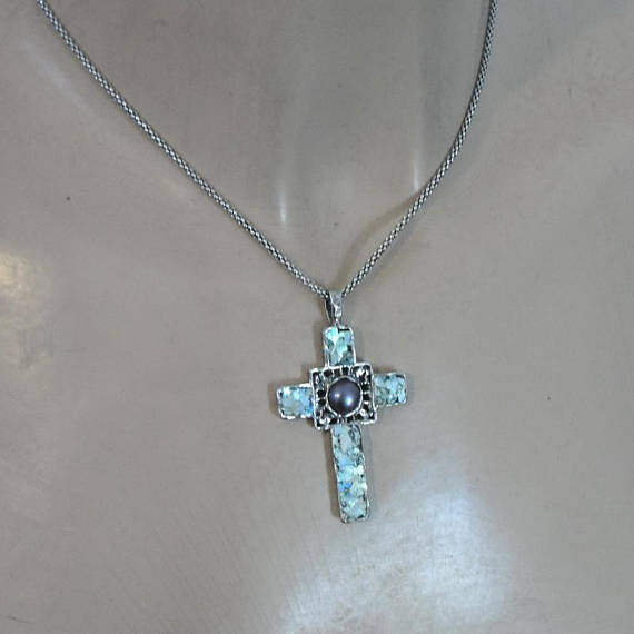 Hadar Designer NEW 925 Sterling Silver Pearl Roman Glass Cross Pendant