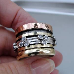 Hadar Designers Israel Swivel 9k Gold Sterling Silver Zircon Ring any sz (I r789