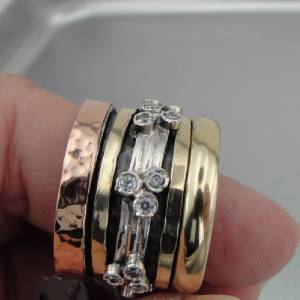 Hadar Designers Israel Swivel 9k Gold Sterling Silver Zircon Ring any sz (I r789