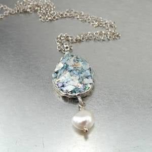 Hadar Designers Handmade Sterling Silver Roman Glass Pearl Pendant Elegant Israeli Necklace